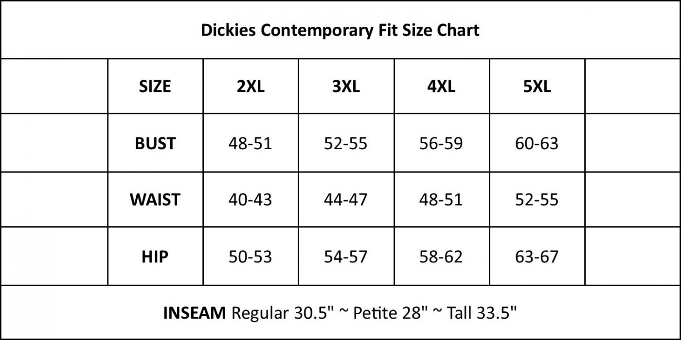 Dickies Gen Flex Size Chart